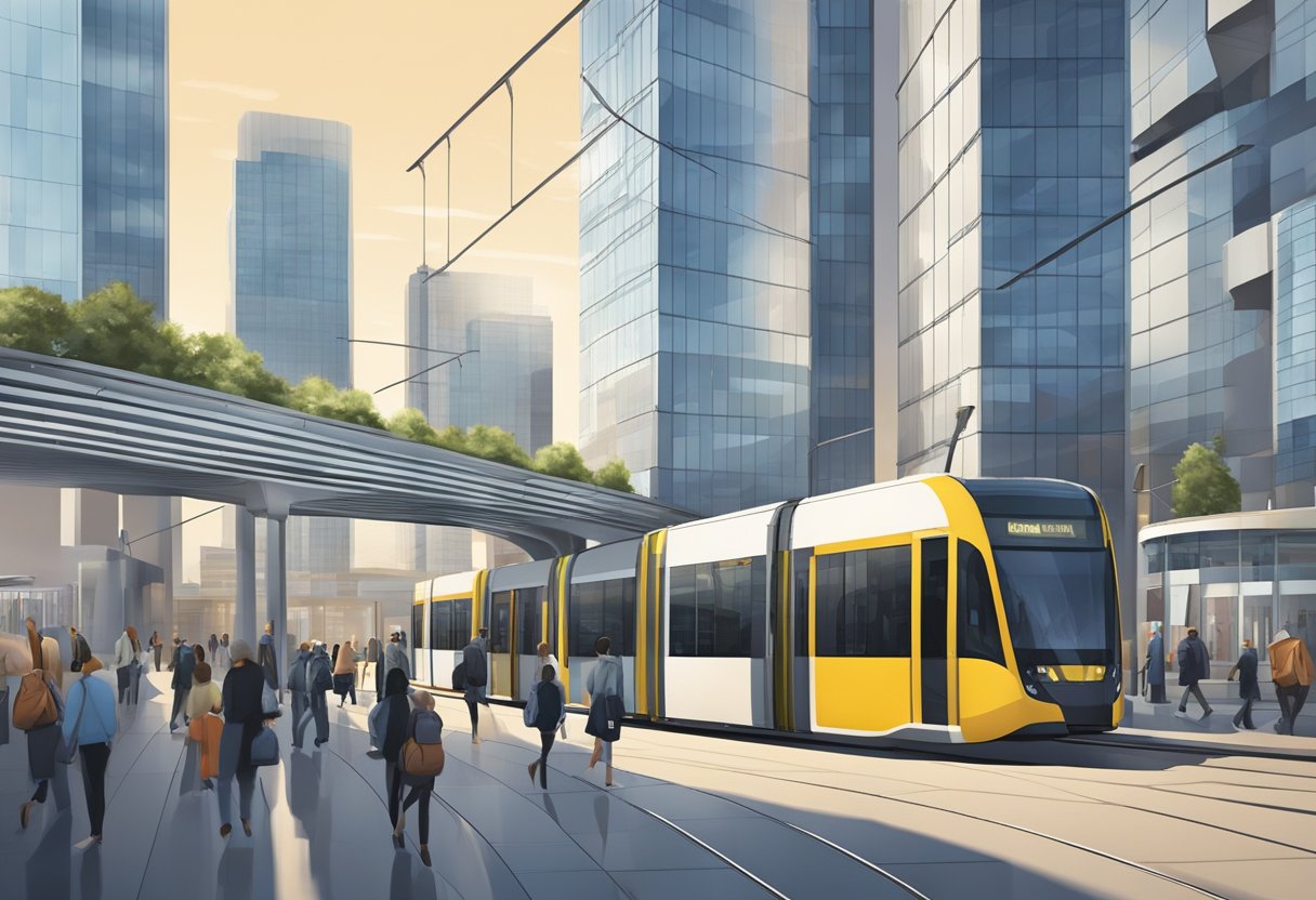 The Media City tram station bustles with commuters. The sleek, modern architecture contrasts with the surrounding cityscape. Trams arrive and depart, while people hurry to catch their rides