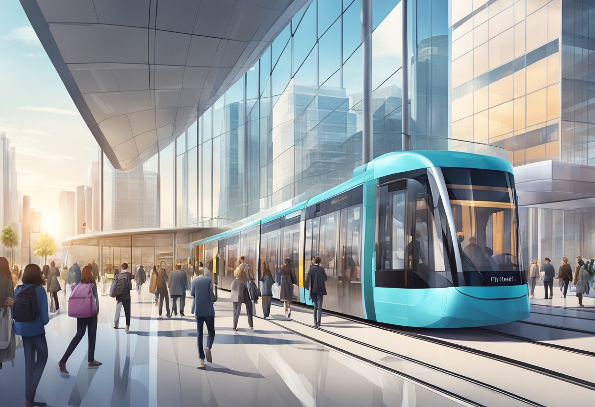 The Media City tram station bustles with commuters under a modern glass canopy, surrounded by sleek buildings and bustling with activity