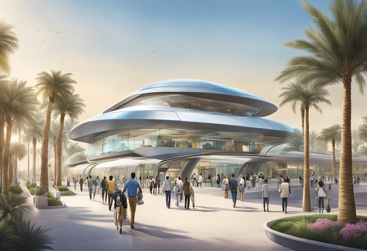The Palm Jumeirah tram station is bustling with activity as commuters wait for the futuristic tram to arrive. The station is sleek and modern, with glass walls and a sleek, curved roof. The surrounding area is filled with palm trees and luxurious buildings