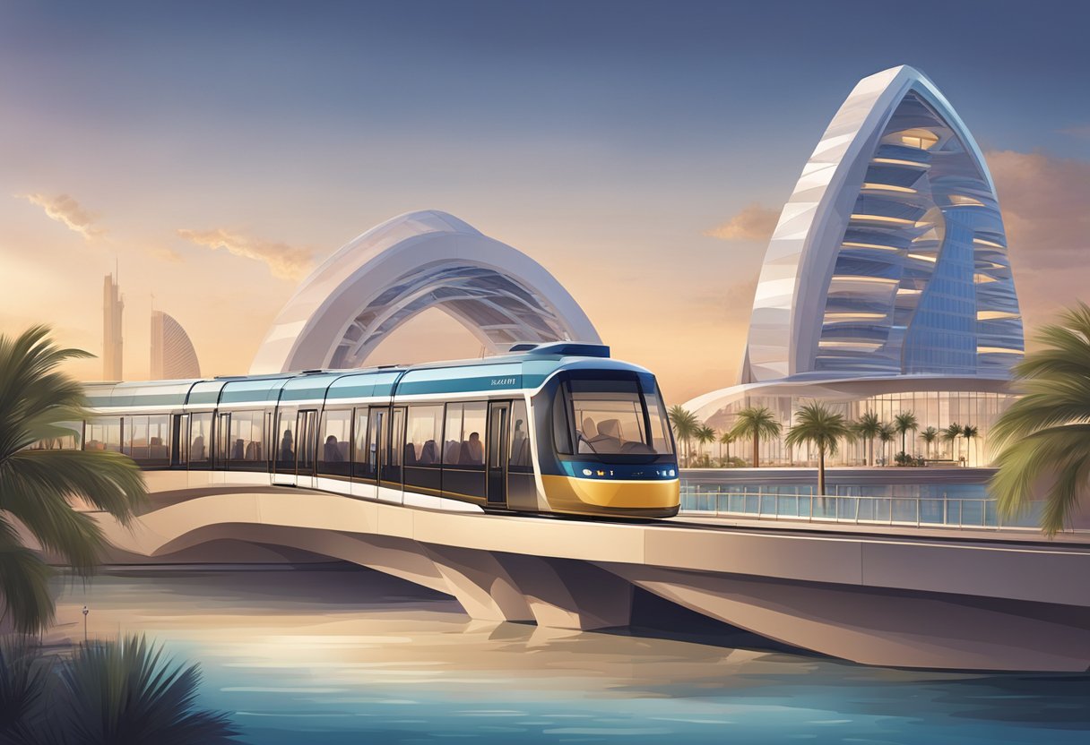 The Palm Jumeirah tram station sits against the backdrop of the iconic palm-shaped island, with sleek modern architecture and a bustling platform