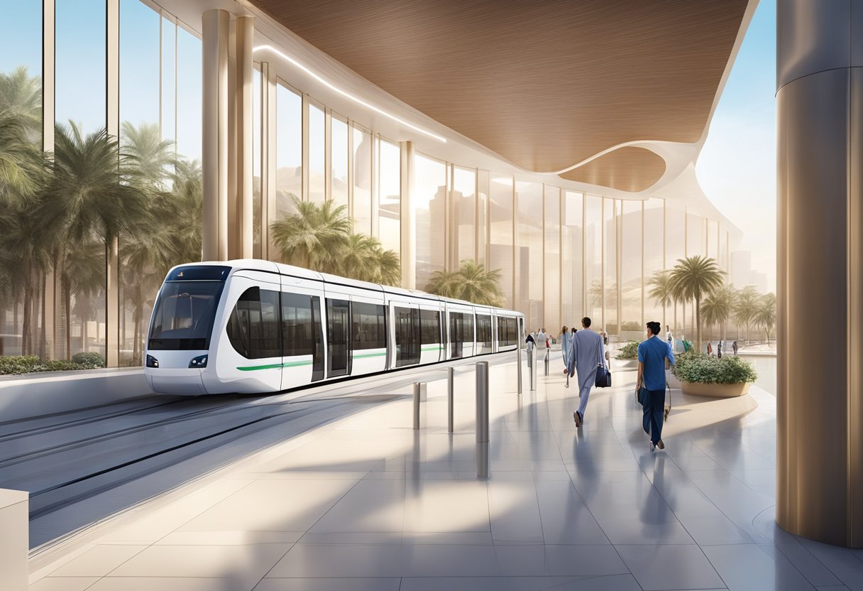 The Palm Jumeirah tram station features modern facilities and sleek design, with a platform, ticket machines, and a covered waiting area