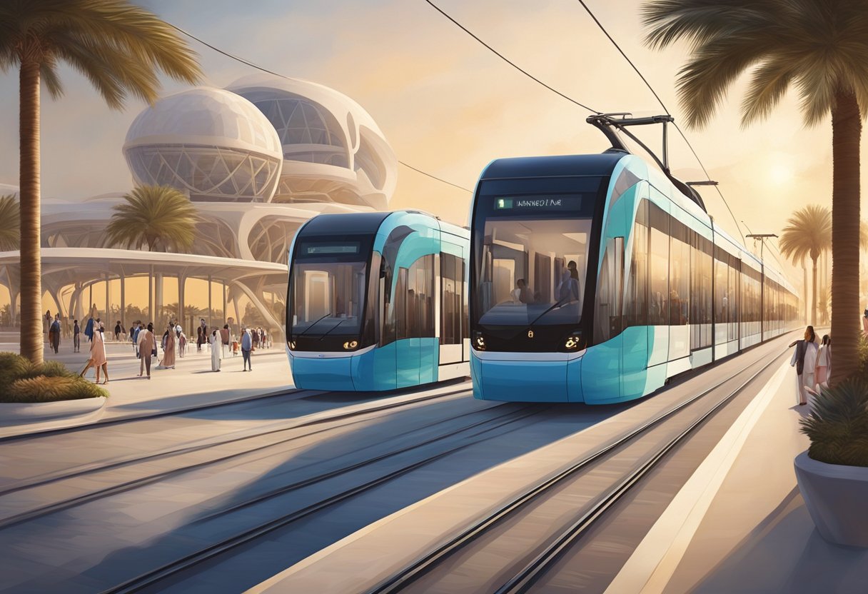 The Palm Jumeirah tram station bustles with travelers, as sleek modern trams glide in and out of the platform against the backdrop of the iconic palm-shaped island