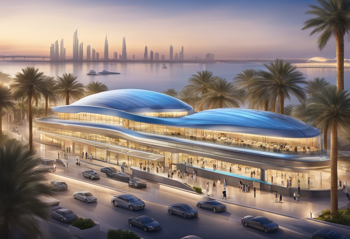 The Palm Jumeirah tram station is bustling with activity, with sleek modern architecture and a backdrop of the iconic Palm Jumeirah island