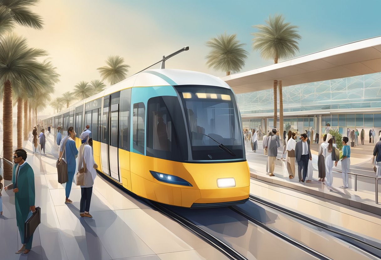The tram station at Palm Jumeirah is bustling with commuters, with sleek modern architecture and palm trees lining the platform