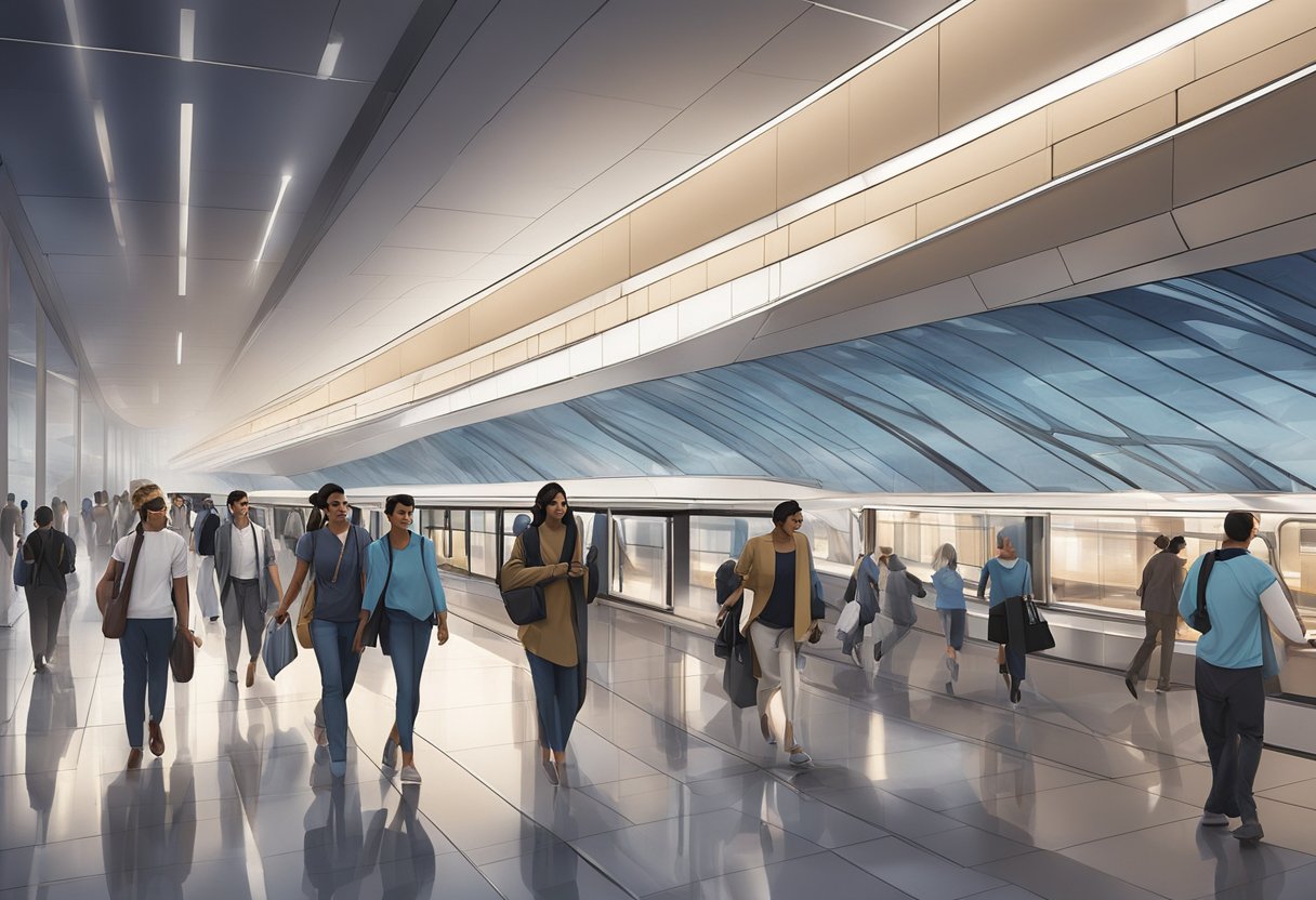 The DMCC metro station bustles with commuters moving through sleek, modern architecture, illuminated by soft, ambient lighting. The station exudes a sense of connectivity and accessibility