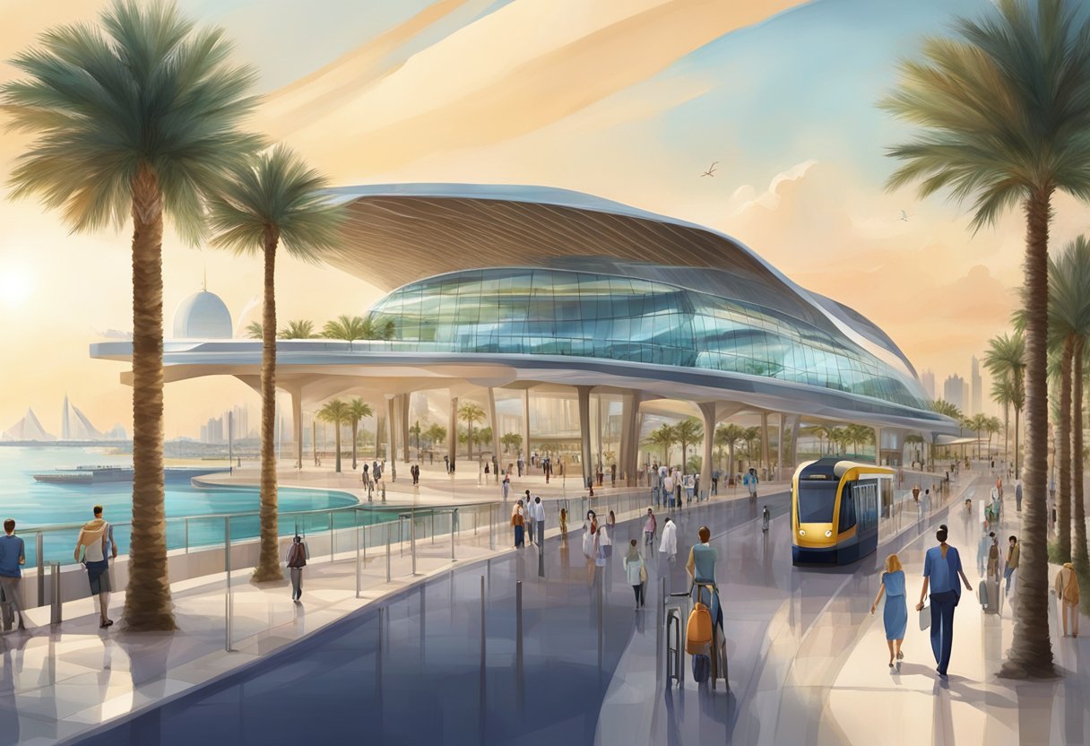The tram station at Palm Jumeirah is bustling with activity, with sleek and modern architecture. The station is surrounded by palm trees and offers a clear view of the iconic attractions on the island