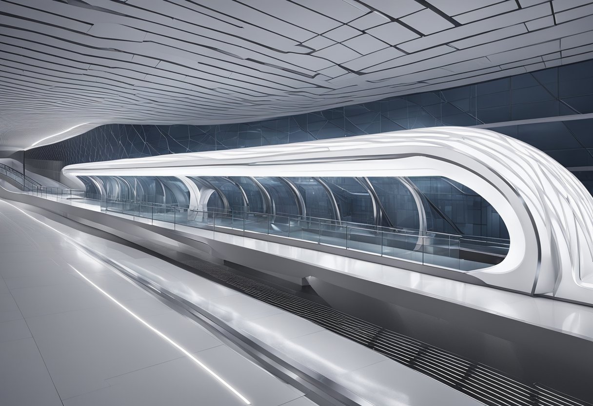 The DMCC metro station features sleek, modern architecture with clean lines and a futuristic aesthetic. The station is well-lit with energy-efficient LED lighting and is equipped with state-of-the-art security and communication systems