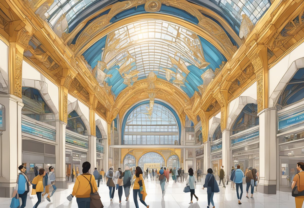 The bustling Historical Context EXPO 2020 metro station features ornate architectural details, vibrant cultural displays, and a mix of modern and traditional design elements