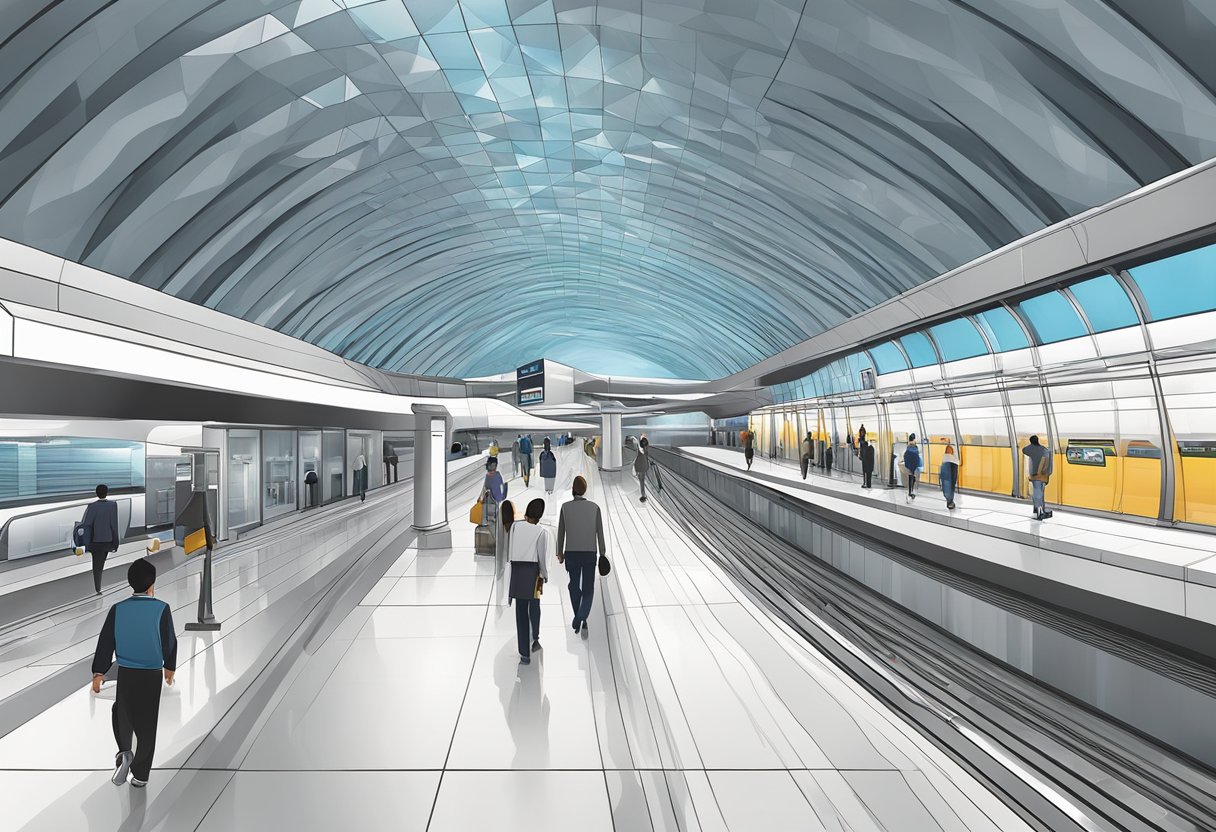 The DMCC metro station is a modern, spacious structure with sleek lines and a futuristic feel. The station is bustling with commuters, and the platform is filled with trains ready for departure
