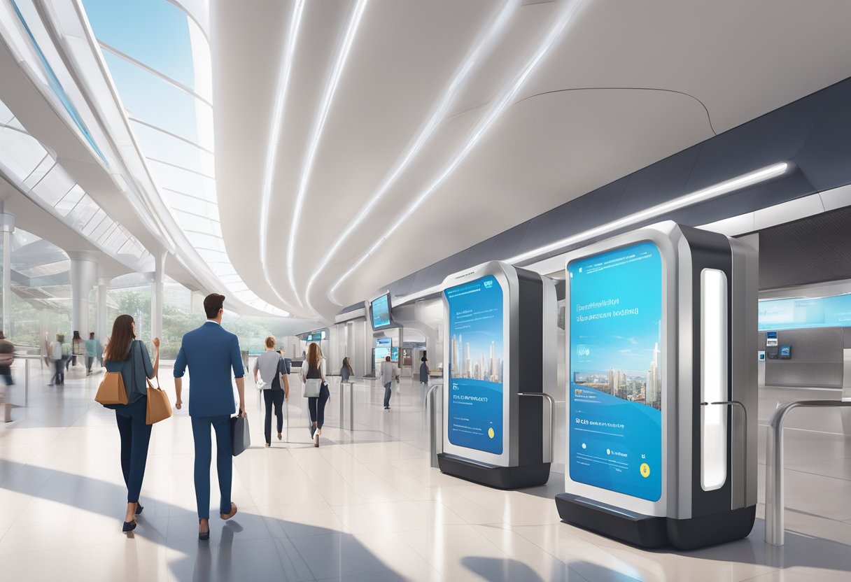 Passengers navigate through modern DMCC metro station, with sleek architecture and clear signage. Feedback kiosks and interactive displays enhance user experience