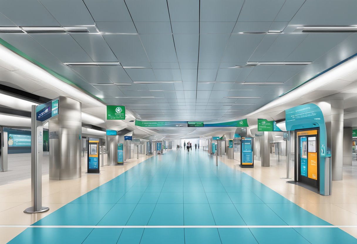 Vibrant DMCC metro station with clear signage and information kiosks for tourists and residents