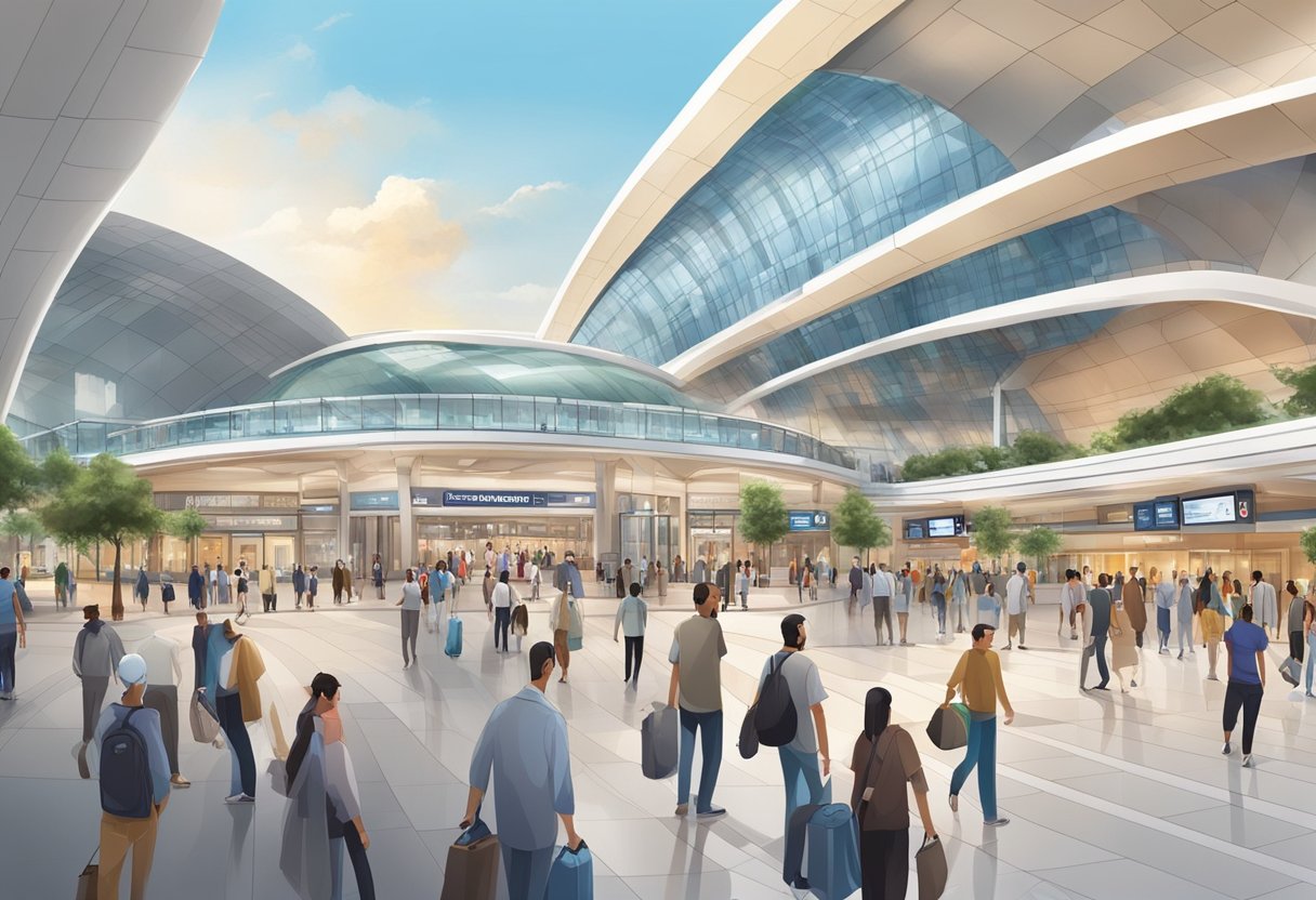 The Mall of the Emirates metro station is bustling with commuters and tourists, with the iconic mall in the background and various amenities nearby