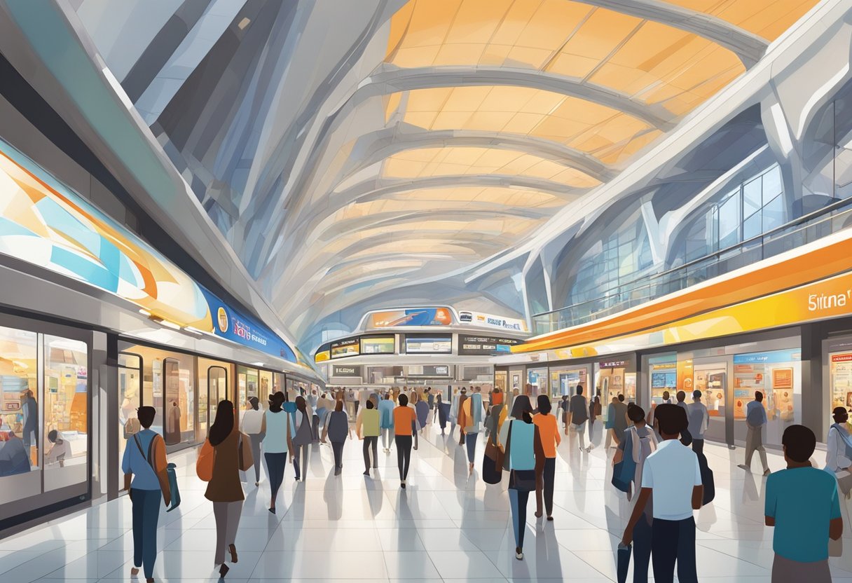 The bustling Mall of the Emirates metro station, filled with commuters and vibrant advertisements, is illuminated by soft overhead lighting and features sleek, modern architecture