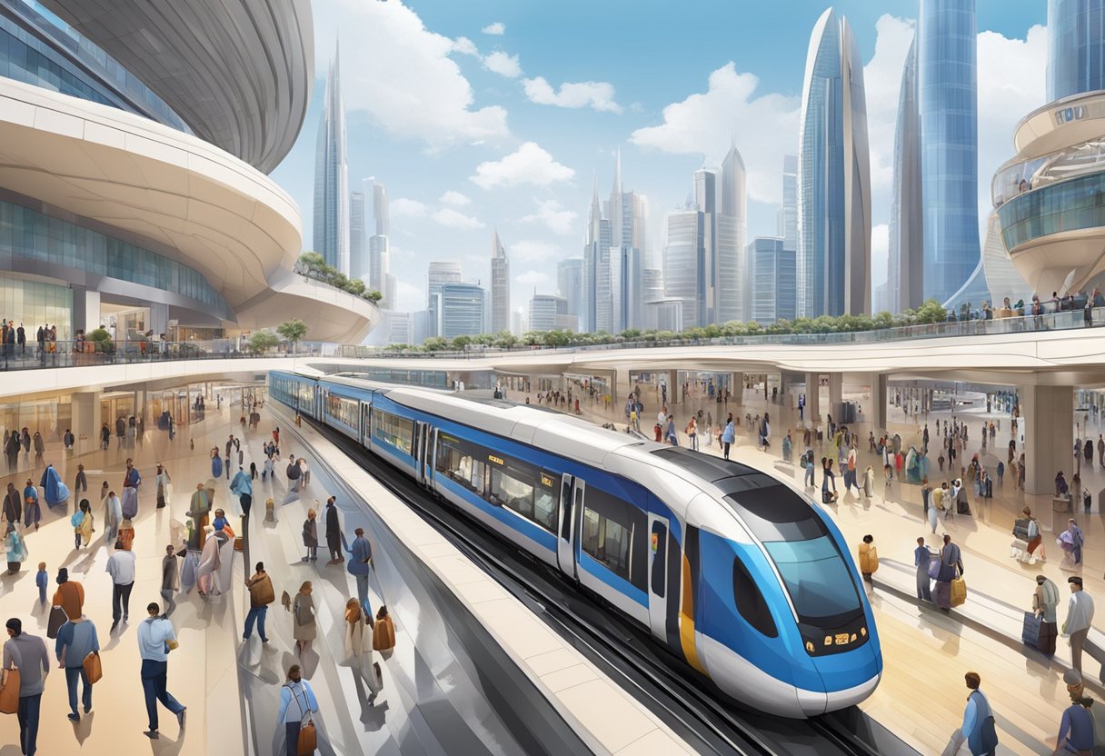 The Mall of the Emirates metro station is bustling with commuters and travelers, with trains arriving and departing against a backdrop of modern architecture and vibrant signage