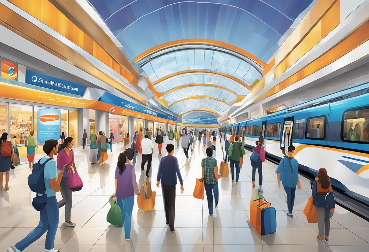 The Mall of the Emirates metro station is bustling with commuters. The sleek, modern architecture of the station stands out against the surrounding urban landscape. Bright lights and colorful advertisements adorn the exterior of the station, adding to the vibrant atmosphere