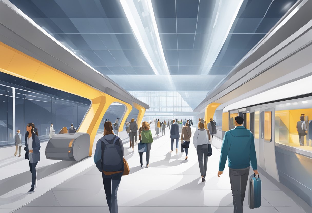 Equiti metro station: sleek, modern architecture, clean lines, and bright lighting. People move purposefully through the space, with trains arriving and departing in the background