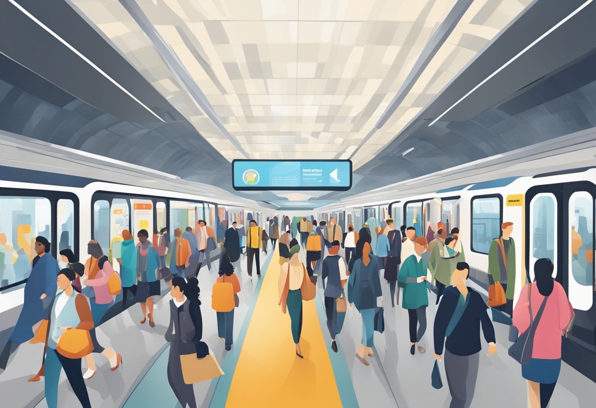 A bustling metro station with diverse commuters moving through modern, well-lit corridors and platforms, with clear signs and maps for easy navigation