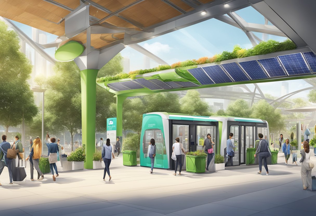 The Sustainability Initiatives EXPO 2020 metro station bustles with vibrant greenery, solar panels, and recycling bins, showcasing a commitment to eco-friendly practices