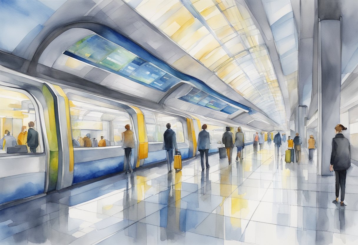 The ONPASSIVE metro station buzzes with sleek, futuristic technology. Automated ticketing, digital displays, and fast Wi-Fi create a cutting-edge atmosphere