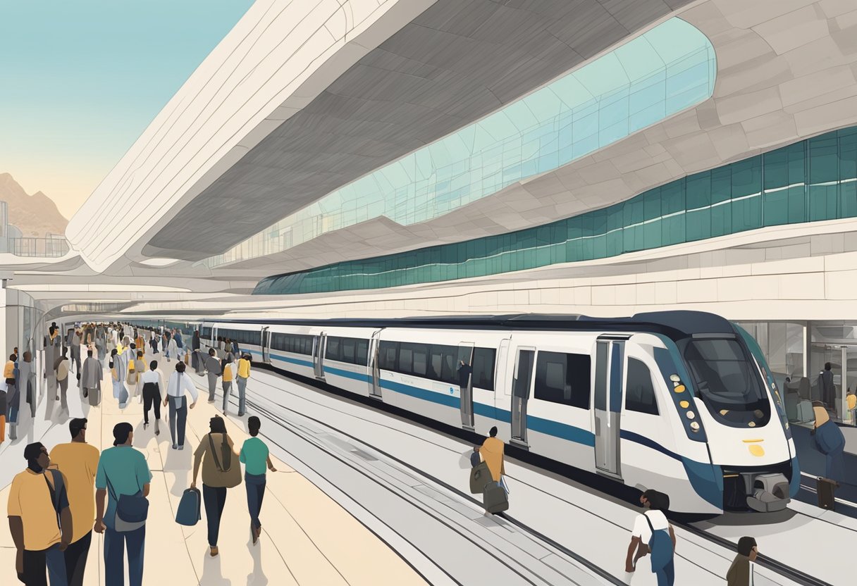 The bustling Jabal Ali metro station, with trains arriving and departing, passengers bustling about, and the iconic architecture of the station building