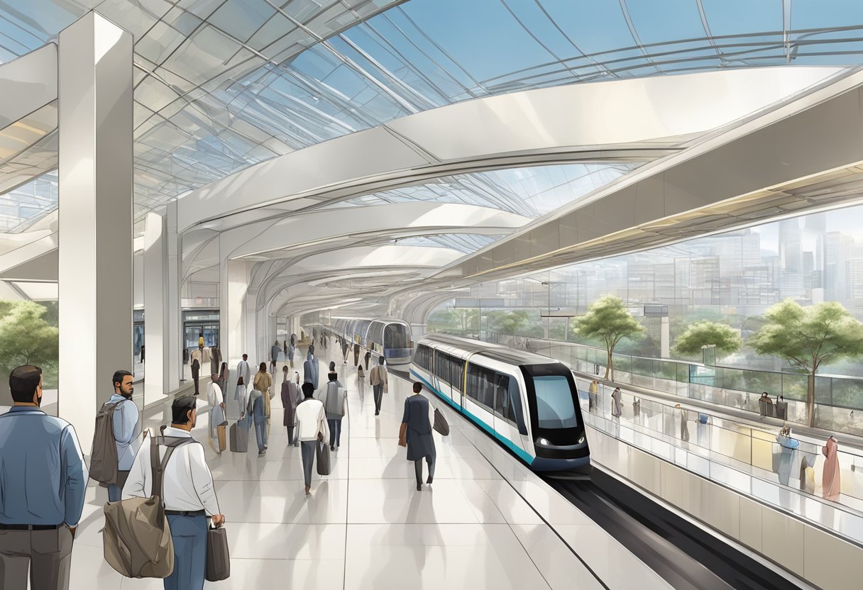 The Jabal Ali metro station bustles with commuters. A sleek, modern design with glass walls and steel beams. Trains arriving and departing on elevated tracks